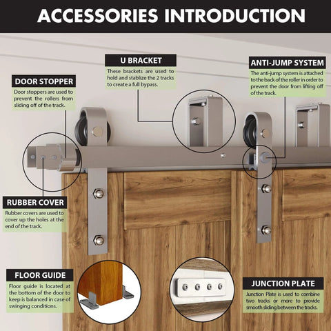 Brushed Nickel Double Track U Shape Bypass Sliding Barn Door Hardware Kit For Two Doors 5.5 Ft Flat Track classic roller system displayed with components.