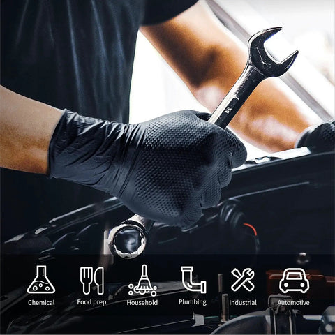 Mechanic wearing 10 Mil Diamond Textured Nitrile Gloves Heavy Duty Latex Free Powder Free X Large, holding a wrench over an engine.