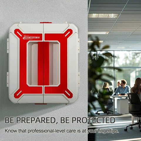 Boss Level Large 408 Piece Wall Mounted First Aid Kit in office setting with durable plastic shell for quick access and organization.