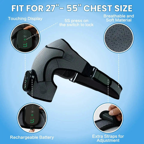 Cordless Shoulder Heating Pad With Massage On The Go, adjustable fit, rechargeable, breathable material, for pain relief 27-55 in chest.