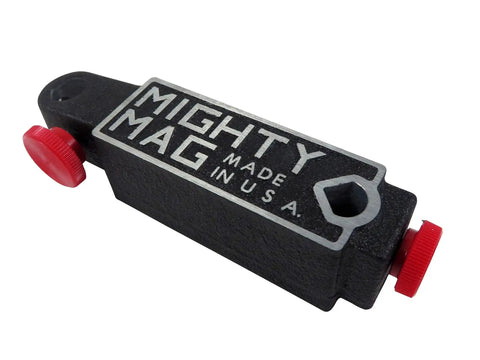 Solid 45 Pound Magnetic Base for Caliper and Indicator Accessories Made in USA, showing front view with red knobs