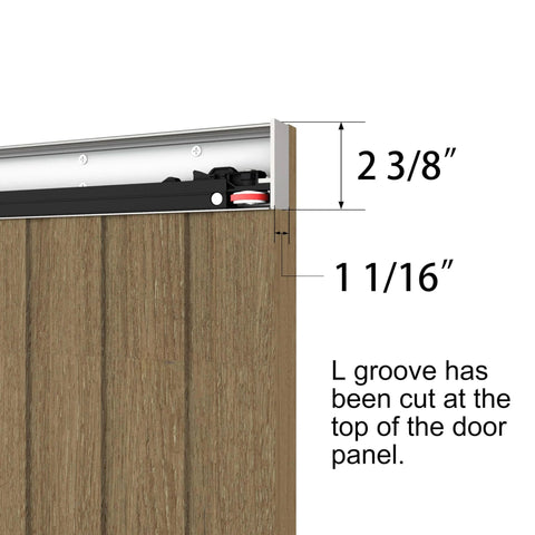 Close-up of concealed sliding barn door with soft close hardware kit, 38 in by 86 in light brown hidden door showing rail system measurements.