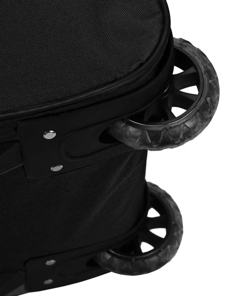 Close-up of inline skate wheels on the Soft Sided Rolling Duffel Bag 36 Inch Black With Heavy Duty Polyester Construction