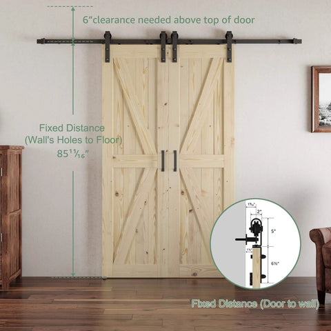 56 X 84 Inch Solid Wood Panelled Barn Door Set With Heavy Duty Sliding Hardware Kit For Two Doors Unfinished Surface Ready To Stain DIY Friendly Assembly Fits 52 To 54 Inch Wide Openings installed view