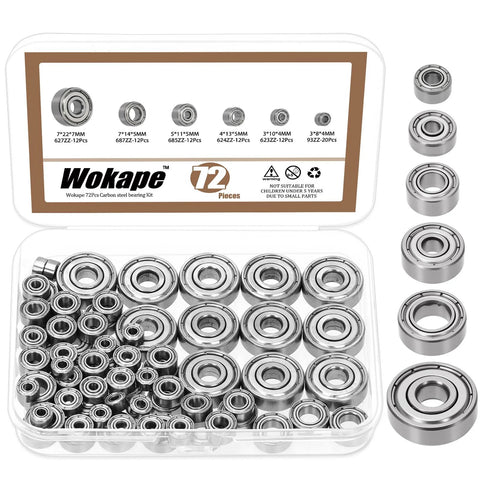 Wokape 72-piece high carbon steel double-shielded deep groove ball bearing set, 6 sizes, in plastic case