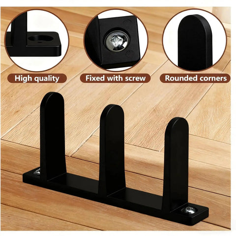 Universal Black Sliding Door Bottom Guides Set, 4 Pack With Screws, ABS Floor Track Roller Guides For 1-3/8 Inch Cabinet And Closet Doors, Durable Replacement Hardware Kit For Quick, Easy Install, showing high quality features, fixed with screws, and rounded corners.