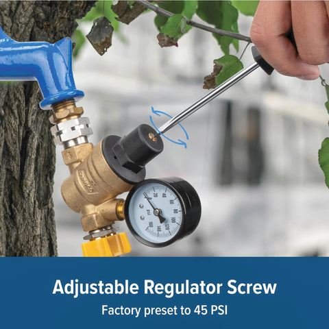 Camco adjustable RV/marine brass water pressure regulator with gauge and garden hose threads.