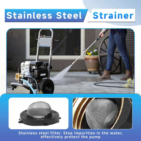 Water Inlet Fitting for Pressure Washer Pumps, Three Quarter Inch Female to Three Eighth Inch Male, Replacement Part for Simpson Cleaning 7112362, 2 Pack, Gold Finish, EZALOR shown in use with pressure washer and close-up of stainless steel strainer.