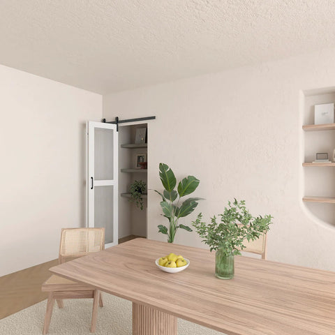 40 Inch Bifold Barn Door Hardware Kit For Two Doors With Heavy Duty Side Mounted Rollers For Smooth Sliding Fits Double 18 Inch Bifold Door Panels Space Saving Folding Solution Doors Not Included, shown installed in a modern dining room.