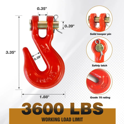 Four Pack One Quarter Inch Clevis Grab Hooks G70 Heavy Duty Forged Steel Red Powder Coated For One Quarter Inch Chain On Truck Trailer Flatbed Tow Farm Use 3600 Lbs WLL And 14400 Lbs Break Strength Ideal For Secure Tie Down, showing hook dimensions and features.