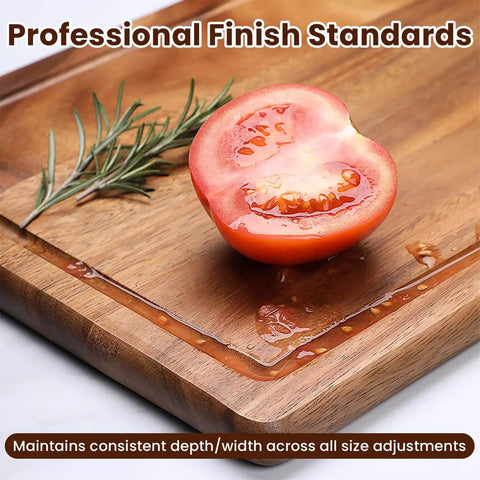 Pro Grade Adjustable Juice Groove Router Jig With Precision Scale And Solid Wood Template Frame For Cutting Boards And Woodworking Creating Perfect Square Grooves Every Time; a close-up view of a juice groove with tomato on a wooden board.