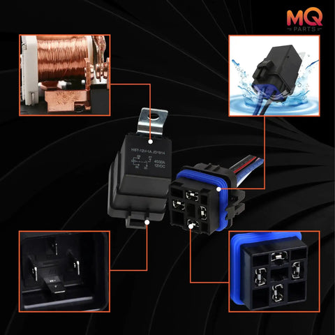 Collage of Two Pack 4 Pin 40 30 Amp 12V DC Waterproof Relay Kit with heavy duty 12 AWG tinned copper wires and SPDT harness.