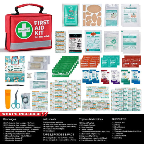 Go-To 150-Piece Compact First Aid Kit With Instant Cold Pack And Emergency Blanket displayed with contents such as bandages and tools.