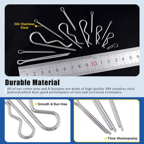 Stainless Steel 304 Cotter Pins And Hairpin R Clips Set 215 Piece Assortment Kit With Sizes M1 to M3 next to a ruler