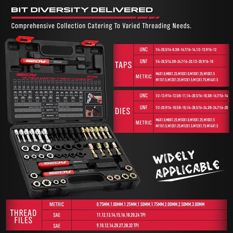 Thread Repair Kit 49Pcs Thread Chaser Set For Bolt Rethread SAE Metric in open case with taps, dies, and threading tools visible.