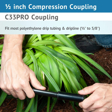 25-pack ½ inch compression coupling for poly drip irrigation tubing; fits .690–.704 OD, black plastic, Amazon brand