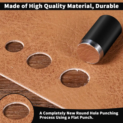Five Piece Leather Hole Punch Set With Round Cutter Kit showing precise round holes in leather.