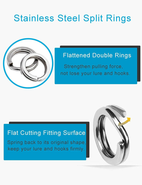 250 Piece Stainless Steel Fishing Split Rings Assortment Kit, Double Flat Wire Snap Ring Lure Tackle Connectors, Sizes 9 To 5.