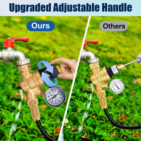 Gickbusus RV water pressure regulator valve with gauge and strainer; brass body, adjustable handle.