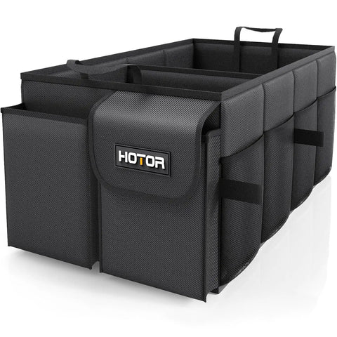 Foldable Car Trunk Organizer For SUVs And Sedans With Two Large Compartments And Six Mesh Pockets in black fabric, side view.