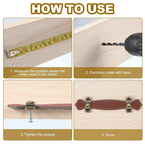 Installation steps for Brown PU Leather Drawer Pulls Set Of 6 with Iron Backing Plate and screws