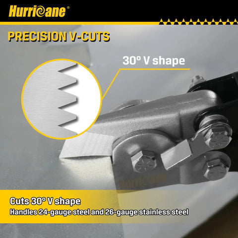 Close-up of Pro Grade Sheet Metal V Notcher For HVAC Ductwork And Roofing From Hurricane, showing 30 degree V-notch blade.