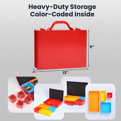 Heavy Duty Metal Small Parts Cabinet With Sliding Rack Drawers Four Removable Tool Boxes And Color Coded Compartments For Nuts Bolts Screws And Small Parts Ideal For Shops Garages And Service Trucks with red toolbox and color-coded bins