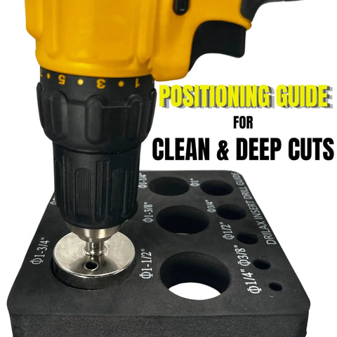 Diamond Hole Saw Drill Bit Set With Guide 10-Piece Core Bit Kit from 1/4 to 2 Inches, drill using a positioning guide on black surface.