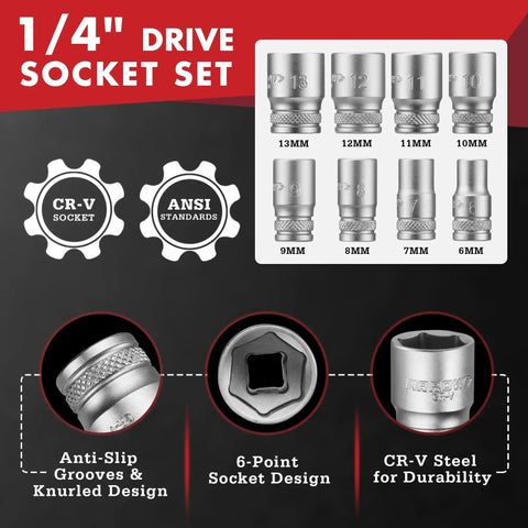 1/4 inch drive socket set with CR-V steel sockets, 6-13 mm sizes, showing anti-slip grooves and knurled design, part of 48 Piece Screwdriver Bit And Socket Set With Color Coded S2 Steel Bits Magnetic Bit Holder And 6 To 13 mm CRV Sockets For Power Drill Screwdriver And Mini Ratchet Wrench Including Slotted Phillips Torx Hex And Square Bits.