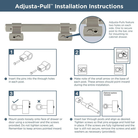 Adjusta-Pull installation guide with steps for installing Matte Black Adjustable Drawer Pulls 5 Pack Fits 1-3/8 To 4 Inch Hole Centers.