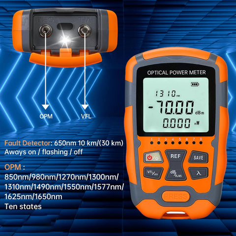 Duogalia optical power meter and VFL fiber tester, portable orange handheld device with SC/FC/ST interface