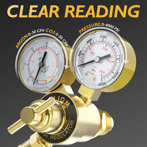 Close-up of gauges on Your Go To Dual Function Argon CO2 Regulator For MIG And TIG Welding 0-4000 PSI Input Pressure CGA580 Inlet Outlets