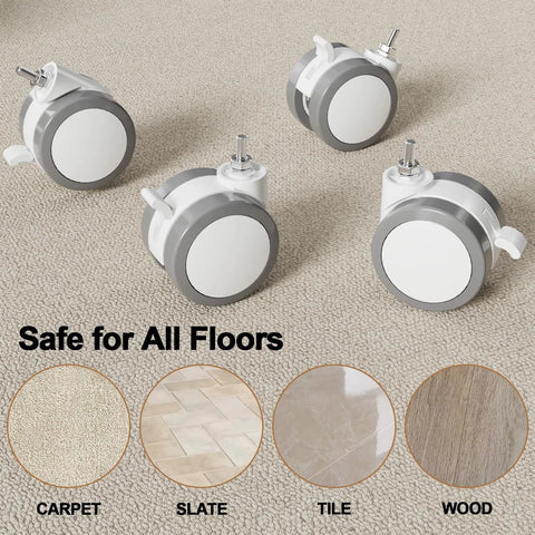 Lockable Stem Caster Wheels Set Of 4, 2.5 Inch White Swivel Casters With M8 Metric Threads on carpet, safe for all floors