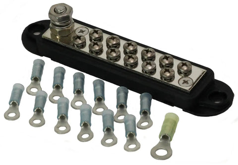 12 Terminal Ground Distribution Block Kit With One Quarter Inch Stud Nickel Plated Bus Bar And Twelve Stainless Steel Terminal Screws Plus Premium Nylon Insulated Ring Terminals display.