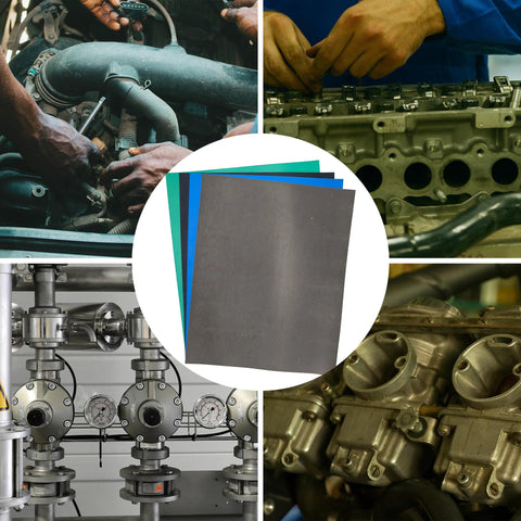 Gasket making paper sheets, high-temp chemical-grade, 4 mixed pieces in grey/blue/green for engine sealing.
