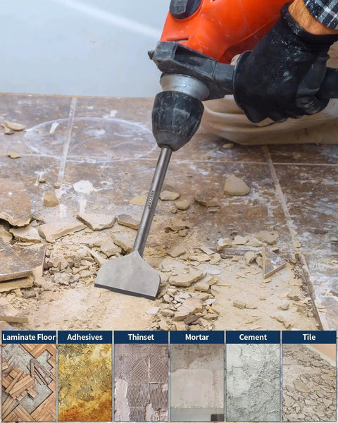 Alloy Steel Cranked Tile Removal Chisel For SDS Plus Rotary Hammers 3 Inch Wide By 10 Inch Long Bent Tile Chisel Bit For Ceramic Tile Cement Thinset Mortar Vinyl Fits Dewalt Bosch Milwaukee Makita Hitachi SDS Tools FS18310 being used on floor.