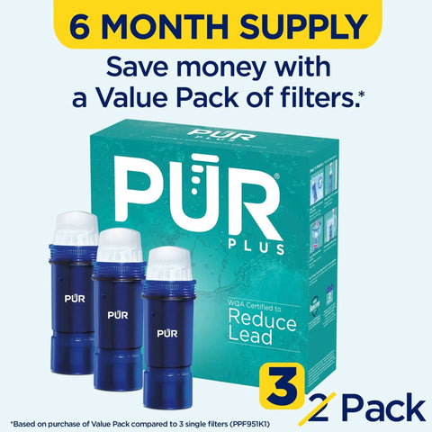 Plus Water Filter Replacement Pitchers And Dispensers 6 Month Supply 3 Count packaging and cartridges