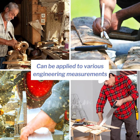 Collage of engineers and woodworkers using Machinist Square Set 2 3 4 6 Inch High Precision Steel Angle Ruler with Wide Base.