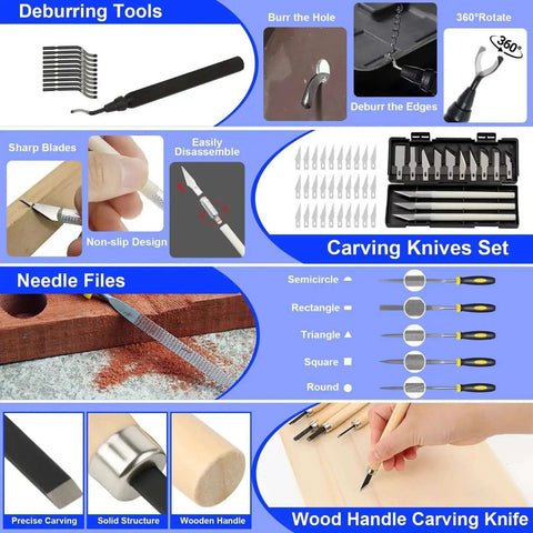Must Have 158 Piece 3D Printing Tool Kit With Nozzle Cleaning Kit Deburring Tools Digital Caliper Mini Rotary Tool Smoothing Tools And Printer Finishing Accessories For Clean Precise Prints showing deburring tools and carving knives.