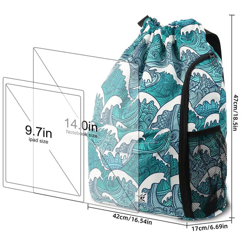 Drawstring Gym And Beach Backpack With Mesh Pockets, Water Resistant And Sandproof, Ideal For Men And Women, Blue Waves Design