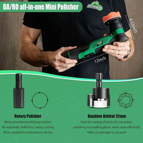 Person holding Cordless Car Buffer Polisher Kit With Dual Action And Rotary Modes, showcasing 12 inch tool with variable settings.