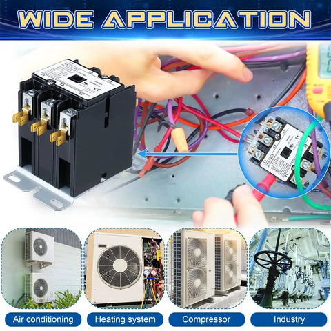 Beefy Three Pole 40 Amp HVAC Contactor With 24V Coil For Air Conditioners And Heat Pumps shown in use with wiring setup
