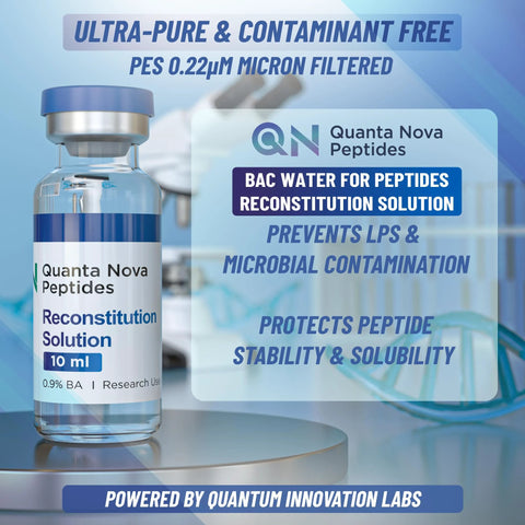 Reconstitution Solution bottle by Quanta Nova Peptides, 10 mL sterile glass vial with blue cap