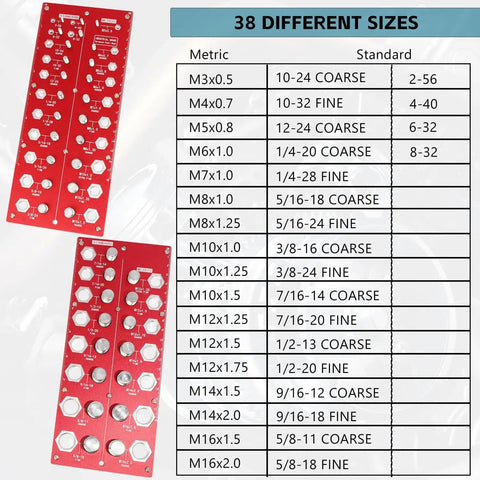Thread Checker Nut And Bolt Size Gauge For Quick ID Of 38 Thread Sizes In Metric And Imperial With Red Handle Covers M3x0.5 To M16x2.0 And No 2-56 To 5/8-18 Fine, showing size chart.