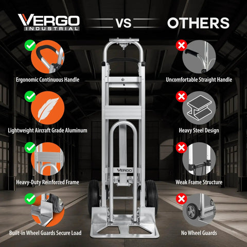 Comparison of Vergo Industrial Convertible Hand Truck 3 In 1 Dolly with ergonomic handle and aircraft grade aluminum vs others