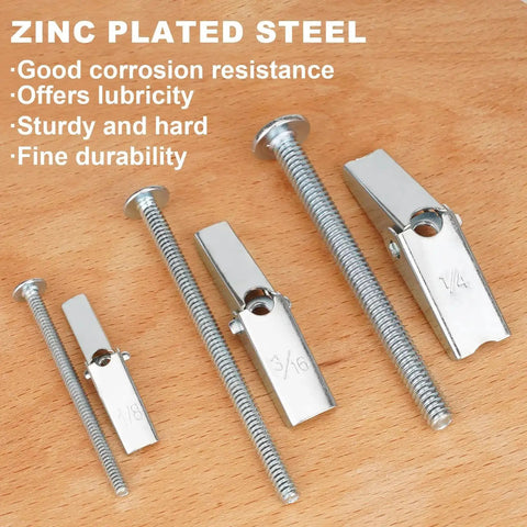 Heavy Duty Drywall Anchors And Screws Kit With Toggle Bolts And Wing Nuts For Hanging Lamps And Heavy Stuff 25 Pack Three Sixteenth Inch Assortment Set For Solid Mounts showing zinc plated steel toggle bolts on wood surface.