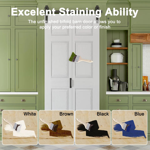Paintable Bifold Barn Door 48 By 84 Inches No Assembly Required 6 Panel Bi Fold Sliding Closet Doors With Hardware Kit Included 52 Inch Track Kit For Four Doors Pre Drilled Holes White Finish Space Saving Easy Install shown in a kitchen setting.