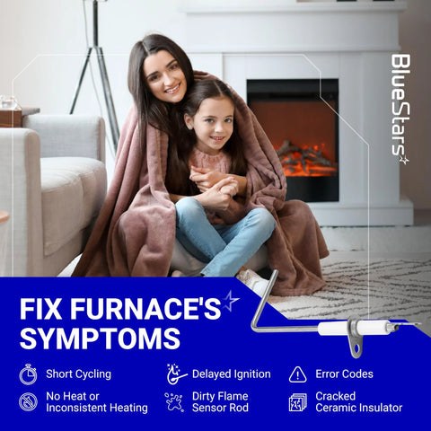 BlueStars furnace flame sensor replacement part, 2-pack, shown with a blue banner and sensor rod illustration.