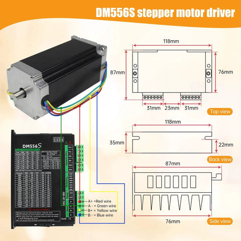 4 Axis Nema 23 Stepper Motor Kit With 425 Oz In Torque, showing DM556S driver and detailed dimensions for CNC router engraving.