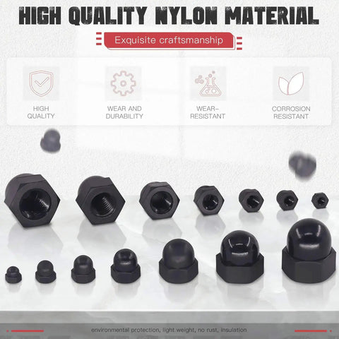 Black Nylon Acorn Nuts Assortment Kit 7 Sizes 100 Pcs Inner Threaded Dome Cap Nuts M3-M12 showcased in various sizes